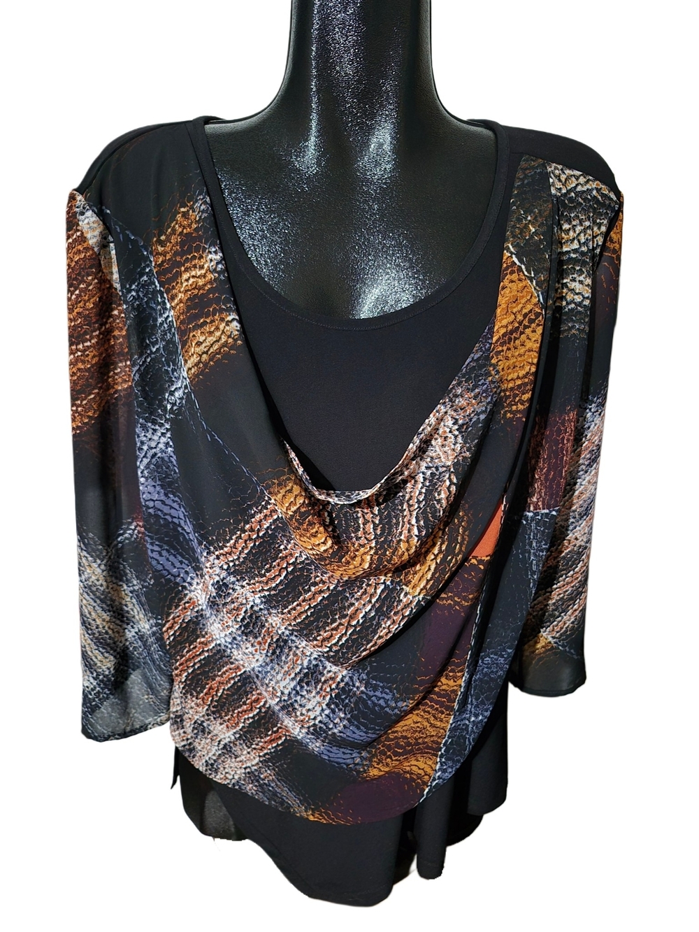 Bali Women's Black Draped Layered Top with Brown Pattern Size XXL